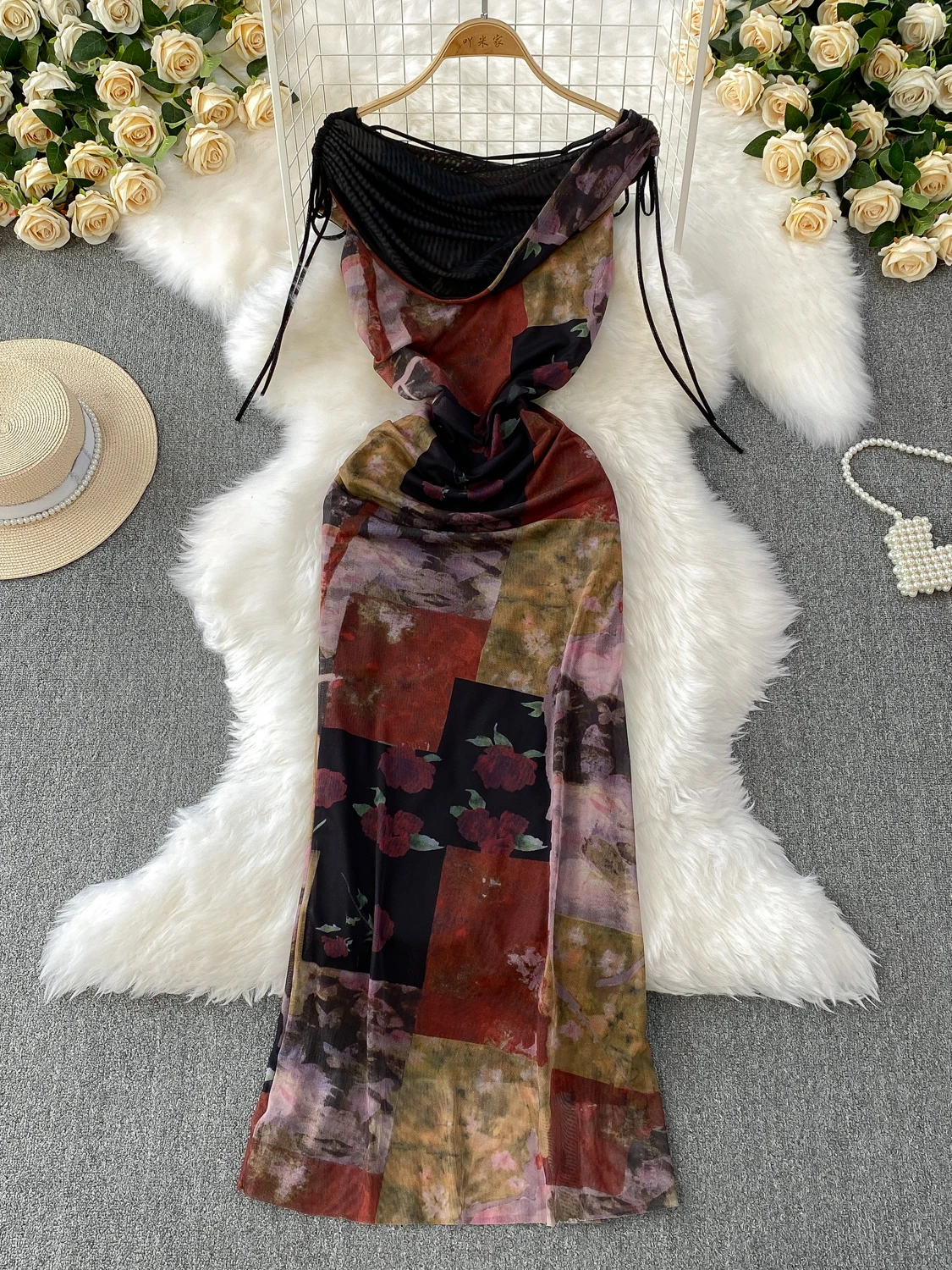 Feminino vintage impresso cowl pescoço malha sereia bodycon maxi vestido sem mangas rendas fino ajuste formal vestido de festa robe y2k verão