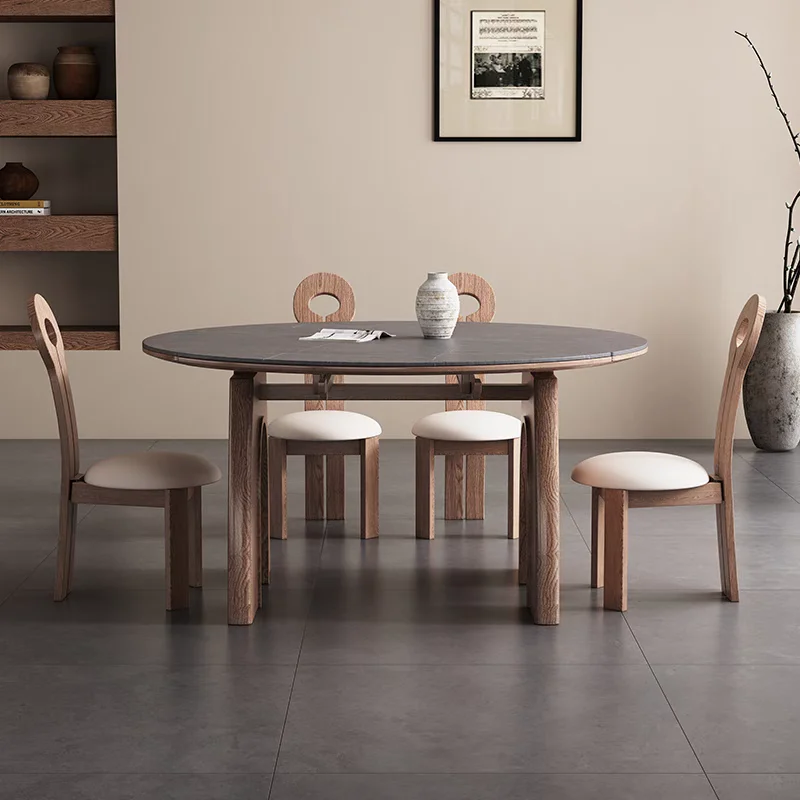 French solid wood folding dining table and chair combination, retractable high-end rock slab medium antique dining table