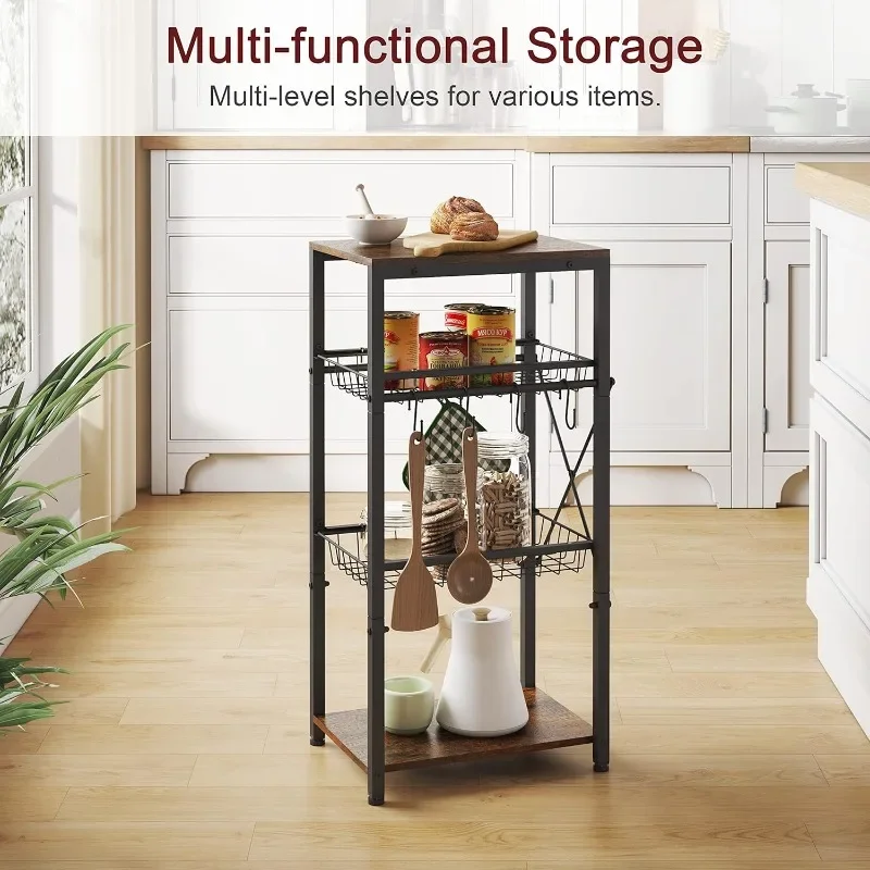 

Kitchen Bakers Rack, Kitchen Storage Shelf with Pullout Wire Basket Coffee Bar Station with Wine RackPerfect for Organizing