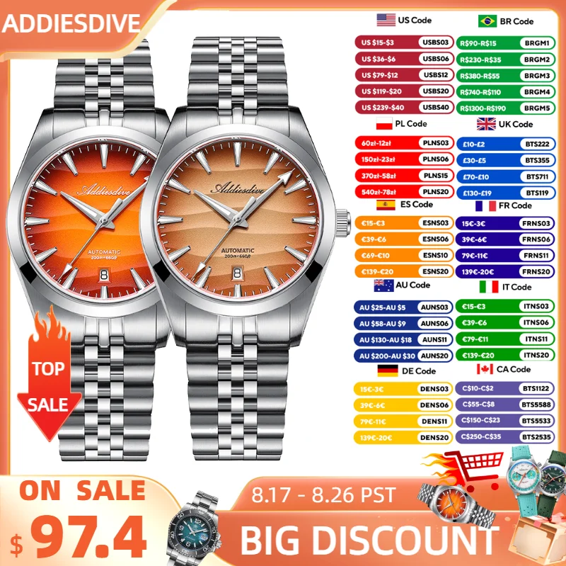 ADDIESDIVE 2026 새로운 남성용 시계 39mm 사파이어 자동 8215 기계식 손목시계 316L 스테인레스 스틸 발광 방수 200m