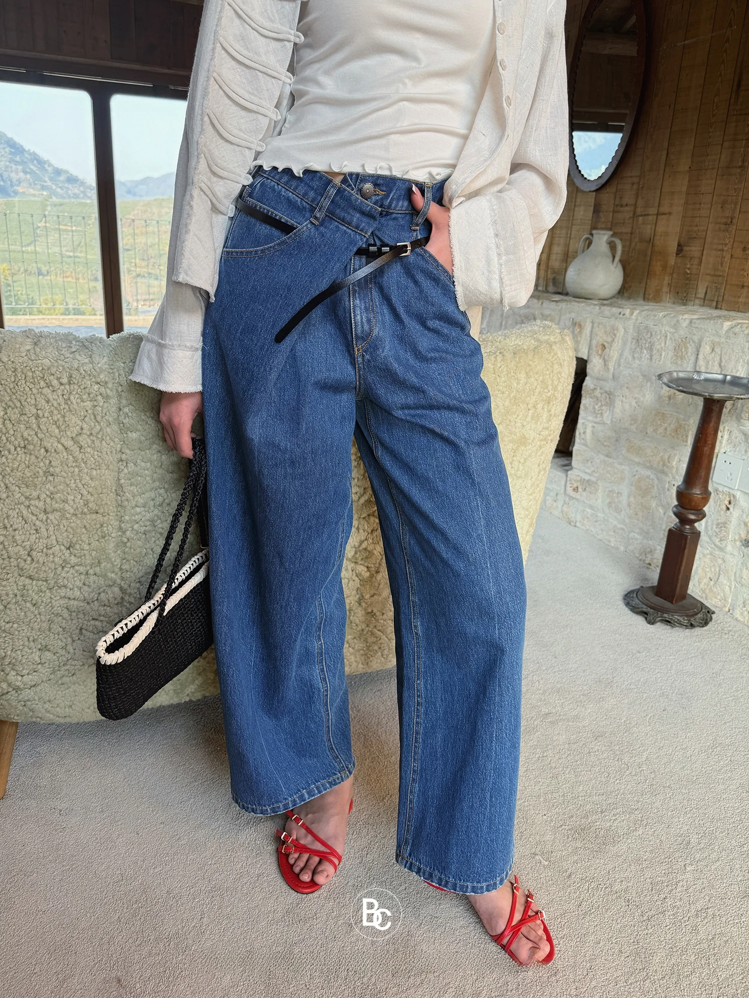 

Deep Blue Dual-Wear Design Jeans Casual High Street Commute Straight Leg Long Pants Women's Cotton Jeans Nail Detailing