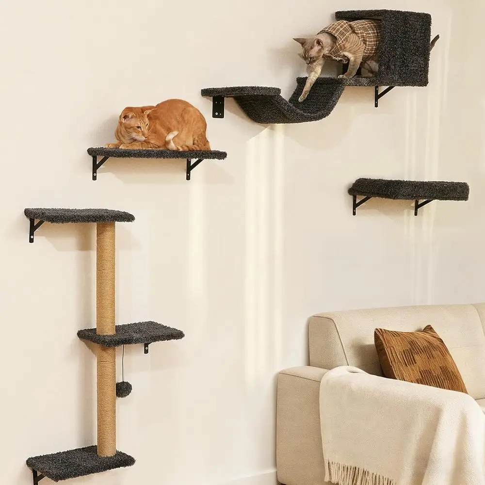 

4-in-1 Cat Wall Furniture Set, Wooden Climbing Wall with Scratching Post for Cats, Gray