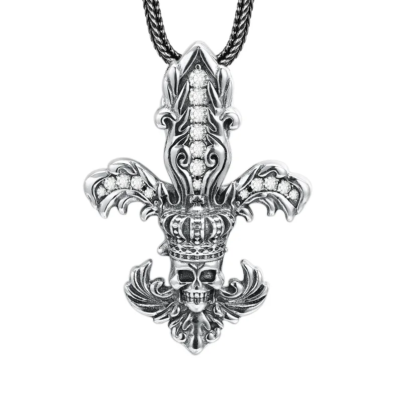 

925 Sterling Silver Anchor Skull Pendant Necklace Gothic Punk Vintage Distressed Oxidized Unisex Jewelry Gift