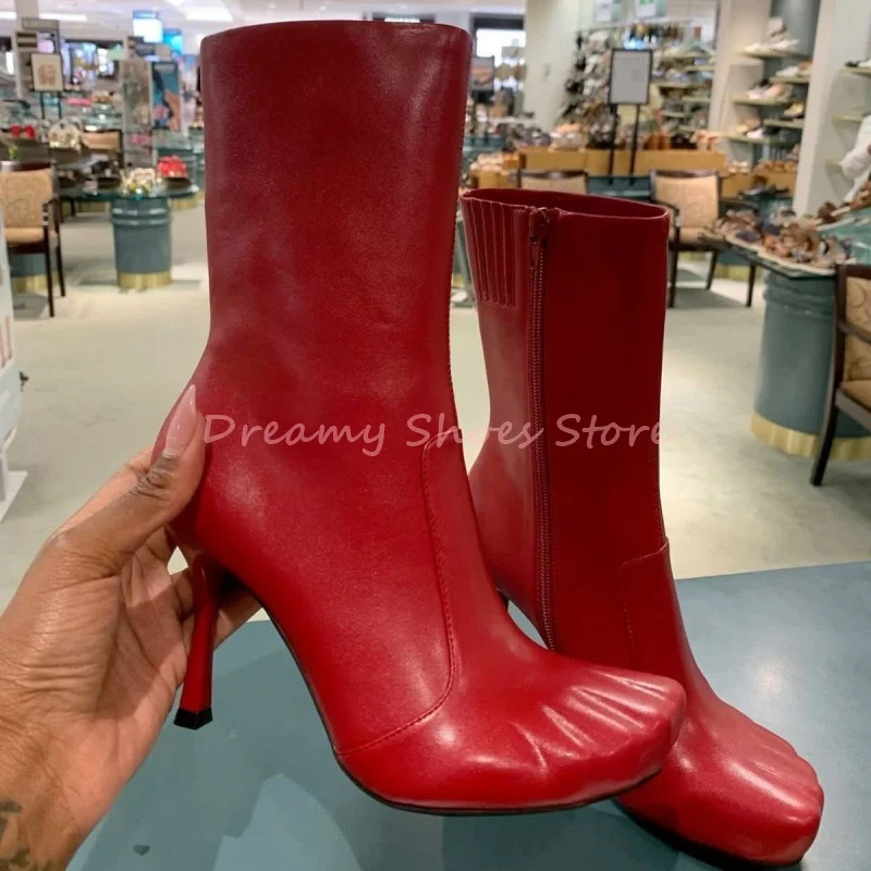 الأحمر خمسة أصابع براءات الاختراع والجلود خنجر حذاء من الجلد النساء الجانب سستة الانزلاق على أحذية بوت قصيرة الموضة العصرية الشارع نمط أحذية الحفلات #2