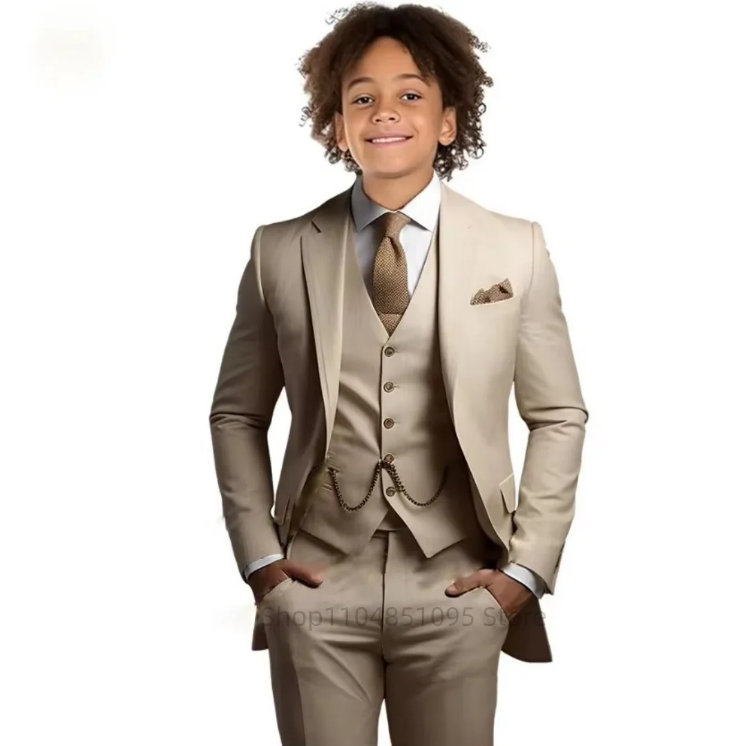 

Костюм цвета хаки для мальчиков, 3-х предметный смокинг для жениха, куртка с лацканами, брюки, жилет, подарок на свадьбу, день рождения, детский приталенный пиджак, детские костюмы