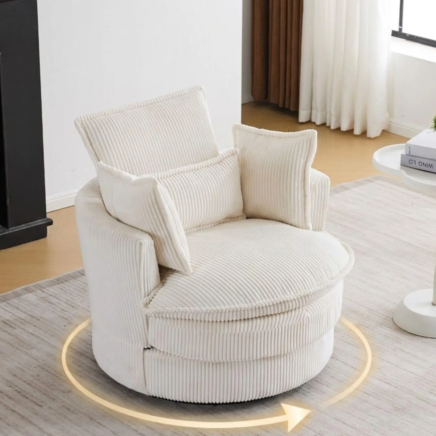 Swivel Barrel Chair-Corduroy, with 3 Pillows, Beige | Modern lounge armchair chair,comfy round accent single sofa