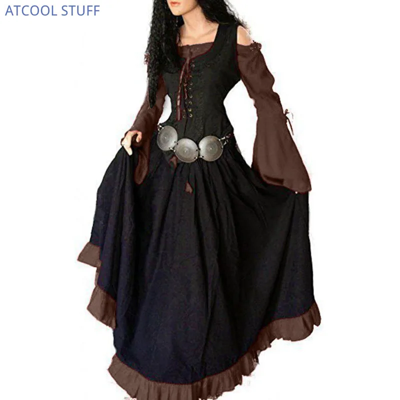 Abito lungo medievale a maniche lunghe con spalle scoperte da donna abito vittoriano con maniche svasate in vita con corsetto in stile gotico Vintage