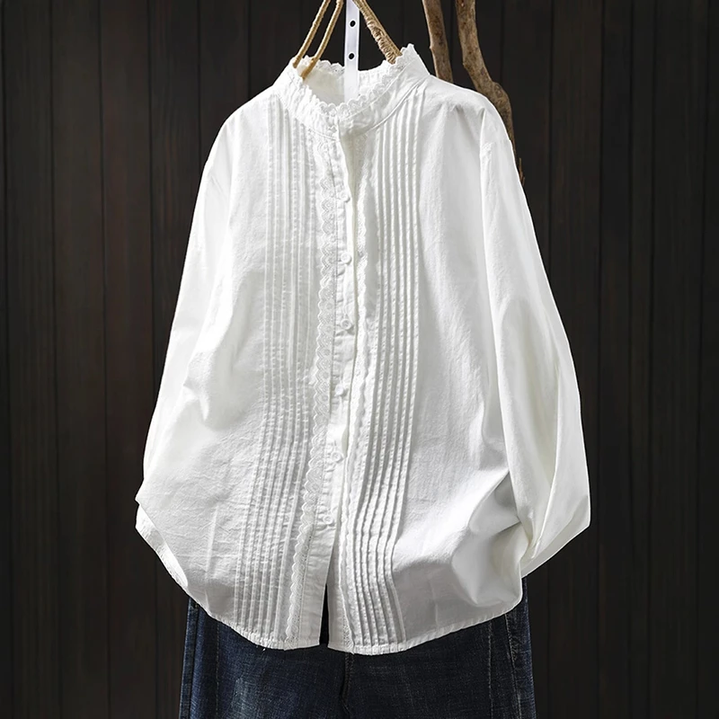 

Женская хлопковая рубашка с длинным рукавом, Новое поступление, осень 2025 года, винтажная кружевная лоскутная рубашка с воротником-стойкой, женские повседневные топы M2053