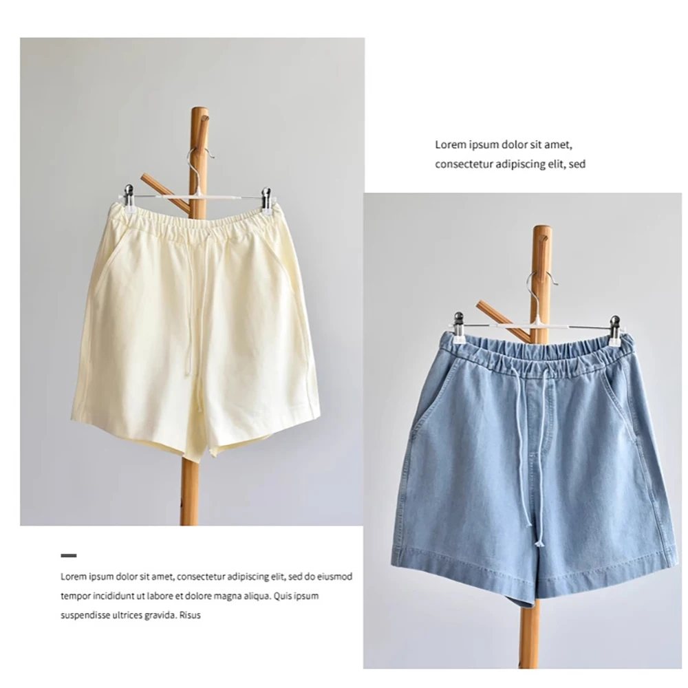 女性ライトブルーデニムショーツ夏アメリカンスタイル巾着ウエストゴムホットパンツ女性カジュアルルーズワイドレッグショーツ