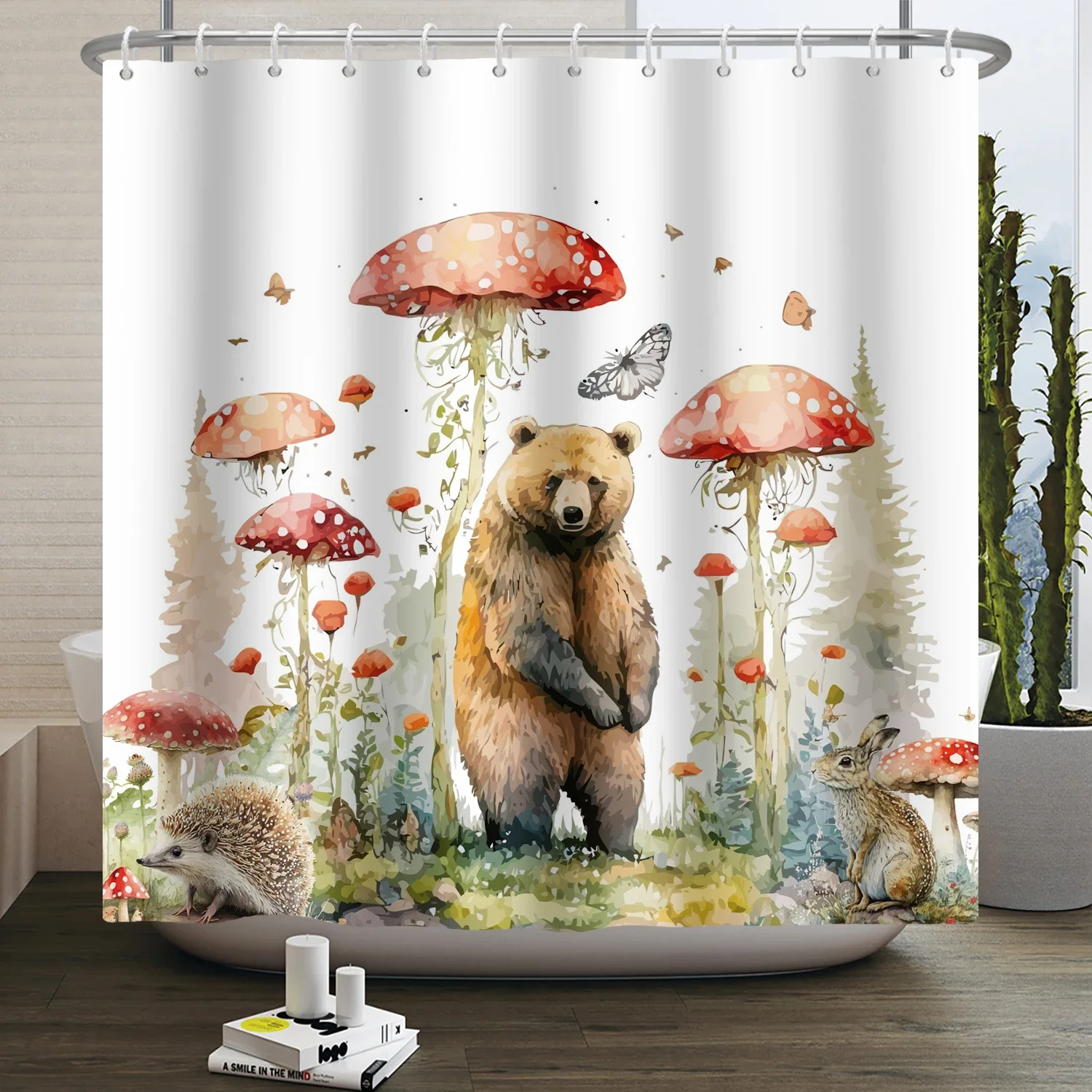 Wild Brown Bear Shower Curtain Funny Cute Animals Forest Mushroom Plant Kids Shower Curtain for Bathroom Waterproof Curtain Deco