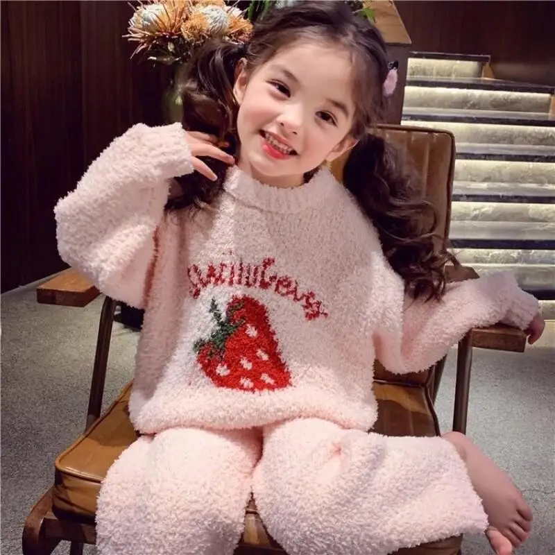Children's Girls Winter Warm Coral Fleece Pajamas Set Cartoon Strawberry Print Sleepwear Homewear Loungewear for Toddlers Kids
