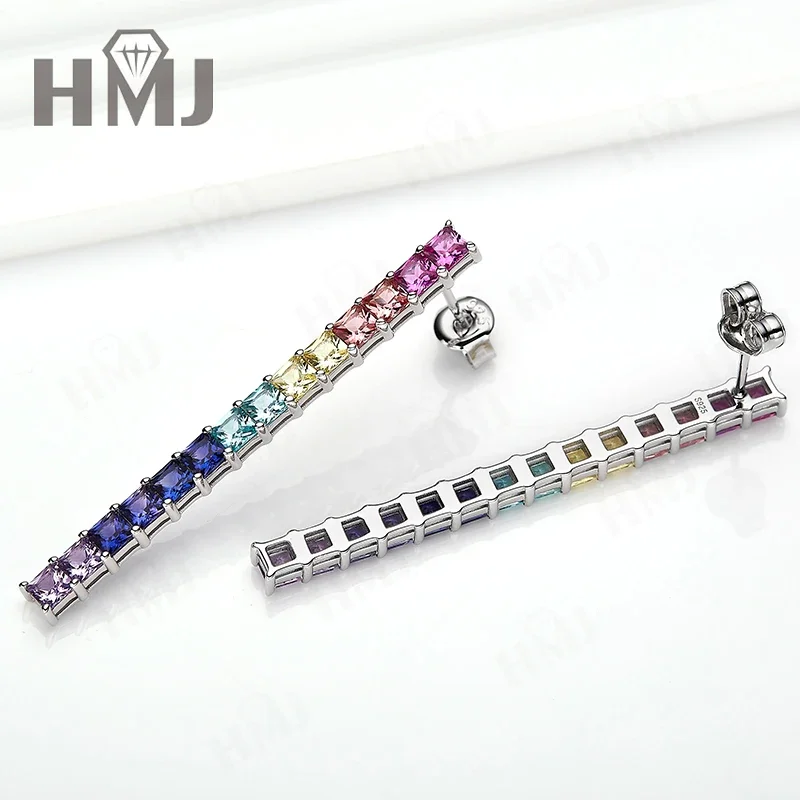 S925 Silver 18k White Gold Plated Custom Earrings with Rainbow Lab Grown Sapphire for Women Fine Jewelry  Christmas Gift Idea