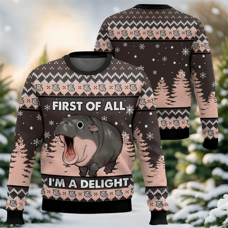 Graffiti Printed Ugly Hippo Sweater Fashion Street Christmas Men Women Pullover Top Funny Animal Personality Hip Hop Sweatshirt