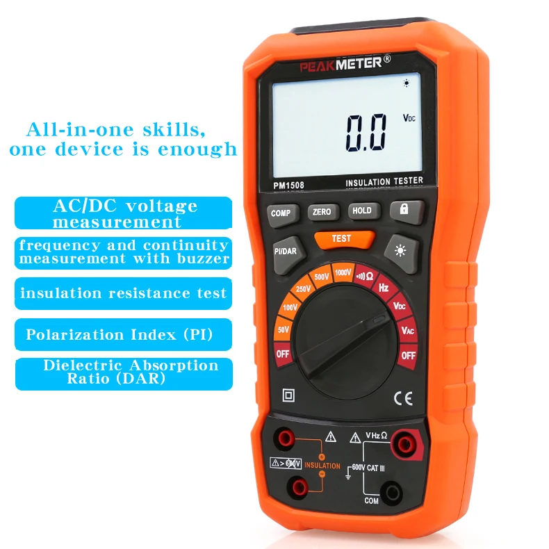 PEAKMETER PM1508 precyzyjny ręczny tester rezystancji izolacji, elektroniczny megaomomomierz miernik rezystancji izolacji