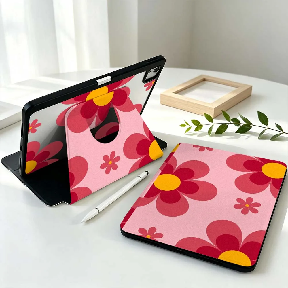 Cartoon Red Flower For Samsung Galaxy Tab S11 S10 S9 S8 A11 FE Plus Ultra 360° Rotation Stylus Storage Tablet Case