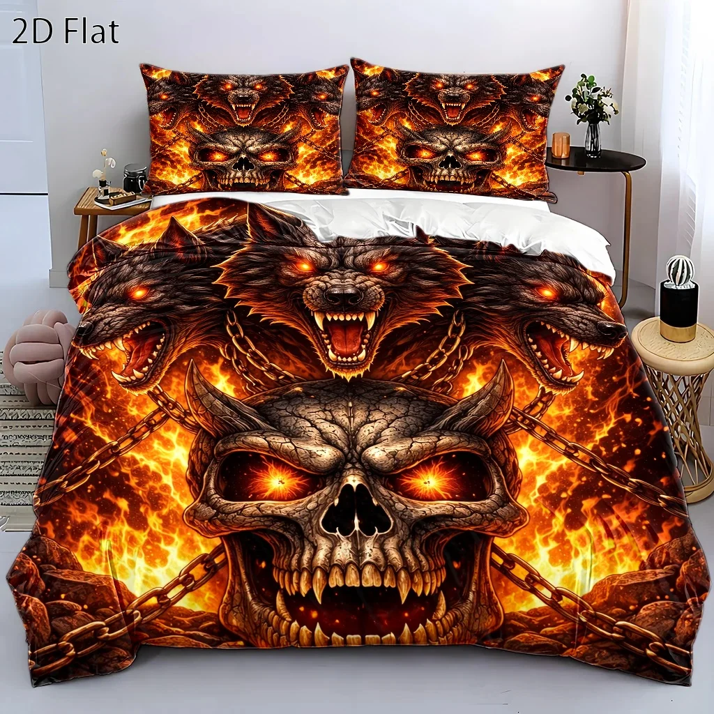 3Pc Dark Style Three-Headed Wolf Flame Skull Duvet Cover Set, Bedding Three-Piece Set (1*Duvet Cover + 2*Pillowcases), Suitable for All Seasons, Machine Washable, Invisible Zipper Double Bed Cover, Universal Bedding Set for Home, Dorm, Master Bedroom, Guest Room, Large Dark Style Bedding Set, Personalized Flame Skull Print Duvet Cover, Trendy Punk Style Bed Cover Set, Bedroom Decor Bedding