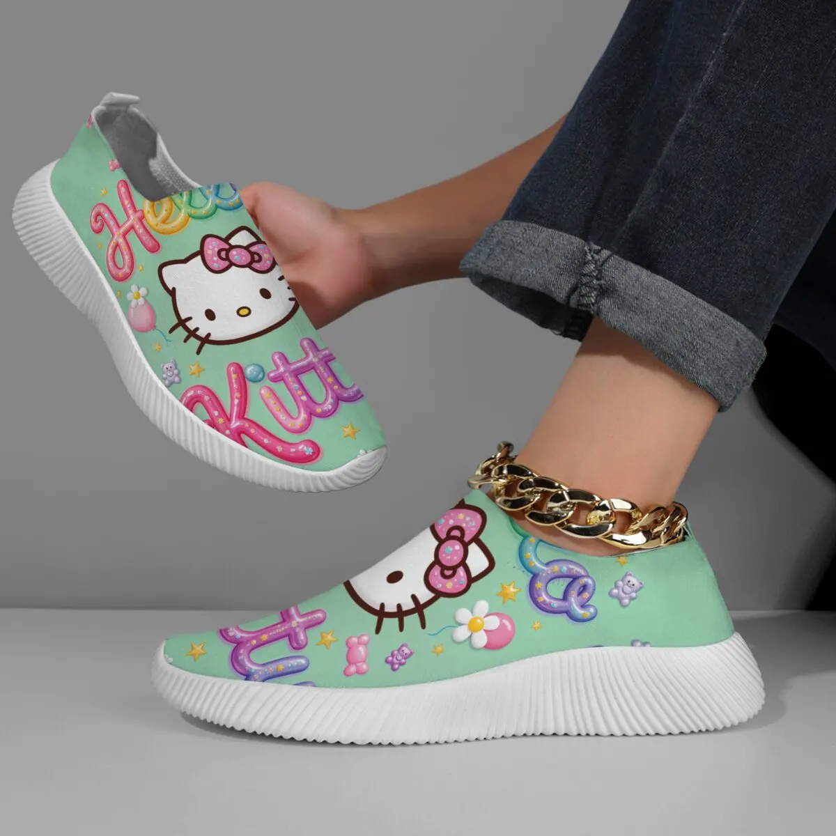 

Креативные популярные женские лоферы с героями мультфильмов «Hello Kitty», повседневные туфли на плоской подошве на толстой подошве, милые уличные противоскользящие кроссовки для бега