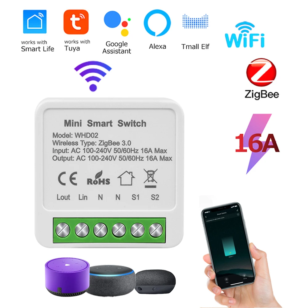 

Zigbee Switch MIni Tuya Wifi Smart Switch Interruptor Zigbee 3.0 Works with Alexa Google Home 2 Way Control Voice Control