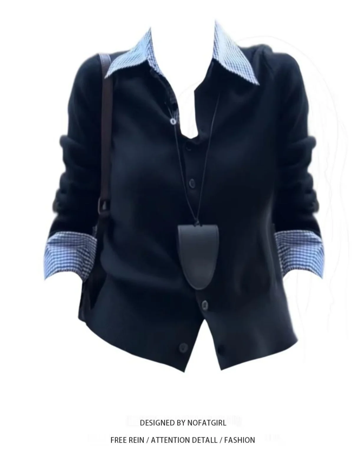 

plus Size Women's Korean Sle Plaid Splice Long Sve T-irt Faionable Knitted Top for Autumn Season Versatile Casual Wear