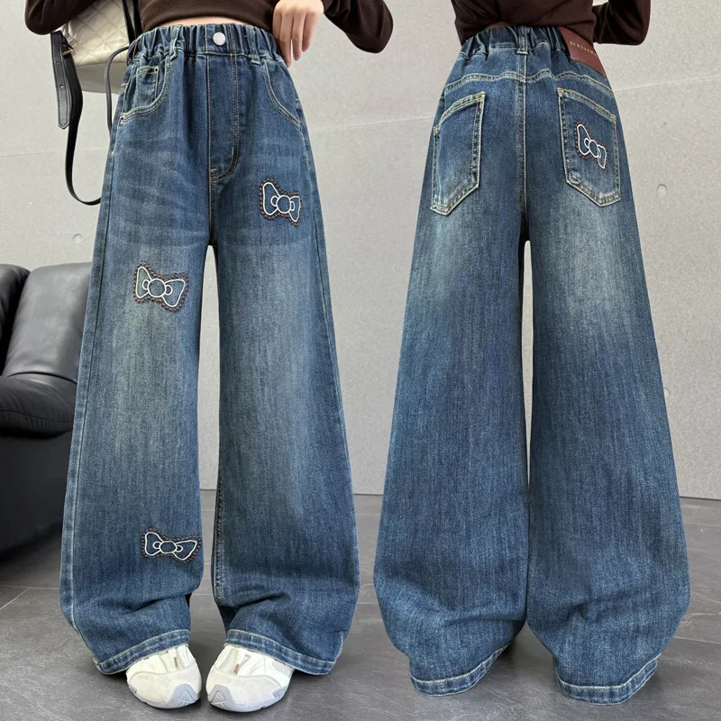 

Новые стильные прямые джинсы для девочек-подростков на весну и осень с вышивкой в виде банта для детей, повседневные джинсовые штаны для детей от 5 до 14 лет