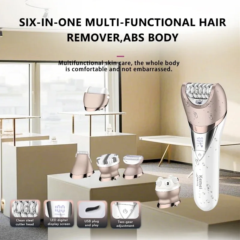 Kemei 6 in 1 Epilator Pubic Hair Removal Shaver for Women Bikini Armpit Hair Trimmer Pedicure Electric Razors Body Exfoliator