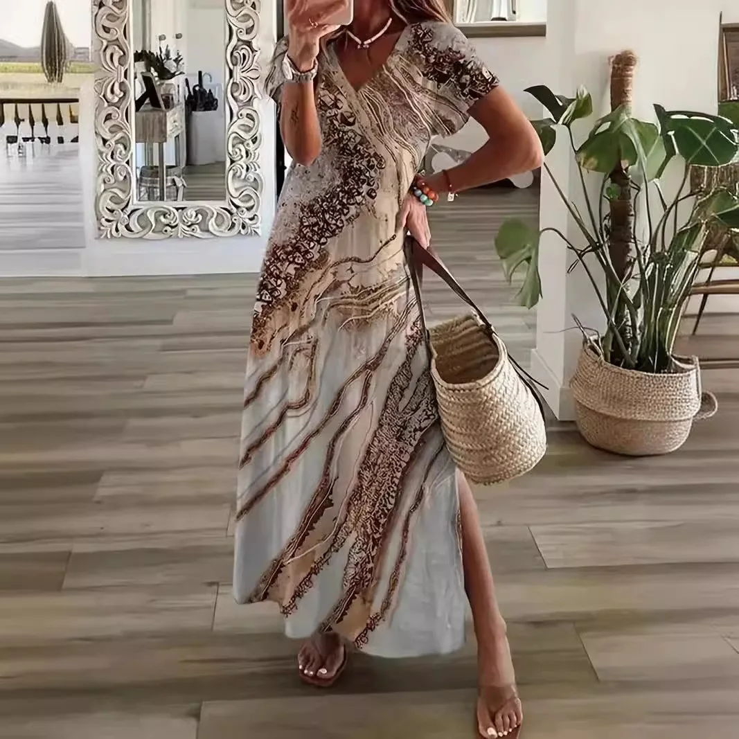 Chic เสื้อยืดสไตล์พิมพ์ Maxi ชุดผู้หญิงรอบคอแขนสั้นฤดูร้อนสบายๆ Vestidos