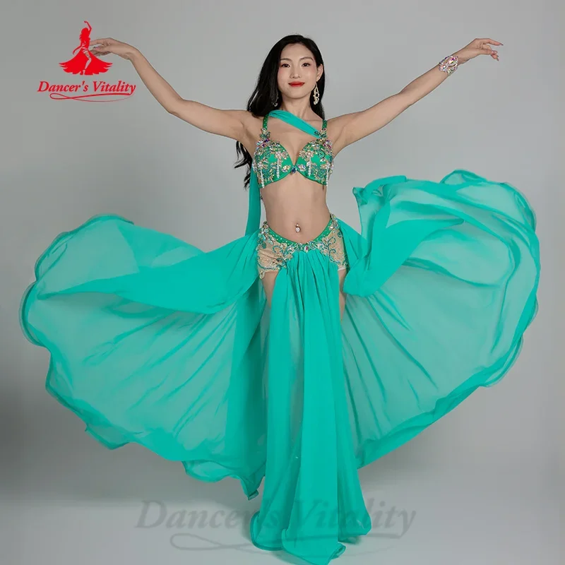 Belly Dance Set for Women's Exquisite Pearl Bra+Chiffon Long Skirt 2pcs Girls Oriental Dance Professional Performance Costume