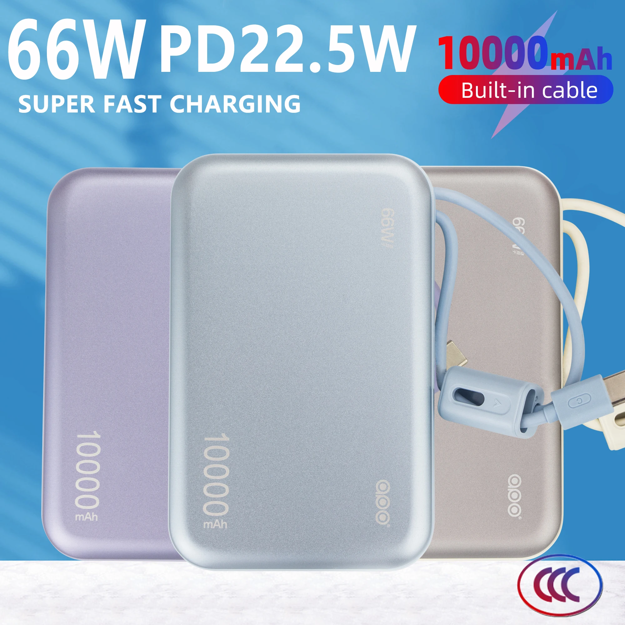 

MQIQI 66W Power Bank 10000mAh PD 22.5W Fast Charging Powerbank Built-in Cables Portable Rechargeable Batteries For iPhone XIAOMI