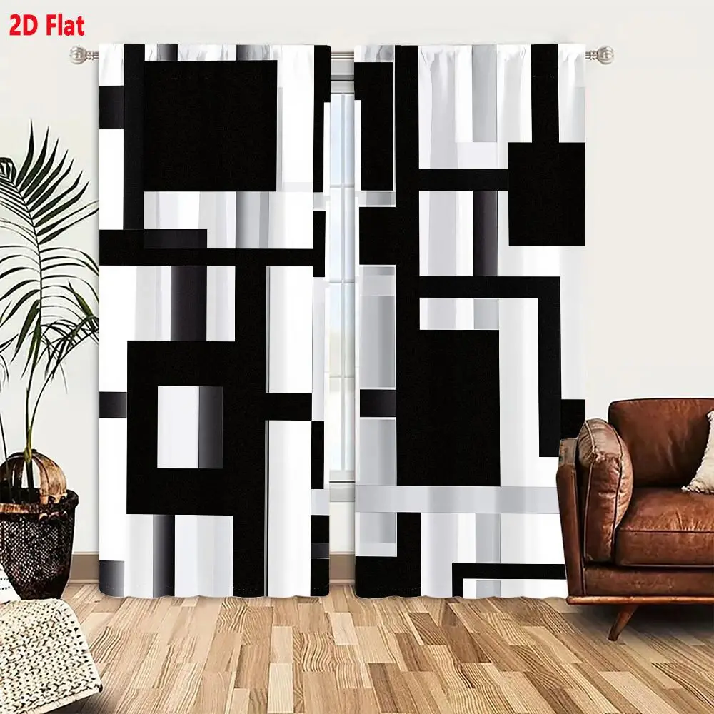 2Pcs Curtains 2D Flat Monochromatic Abstract Geometric Composition With Rectangles And Lines In Black White And Gray Window Drap