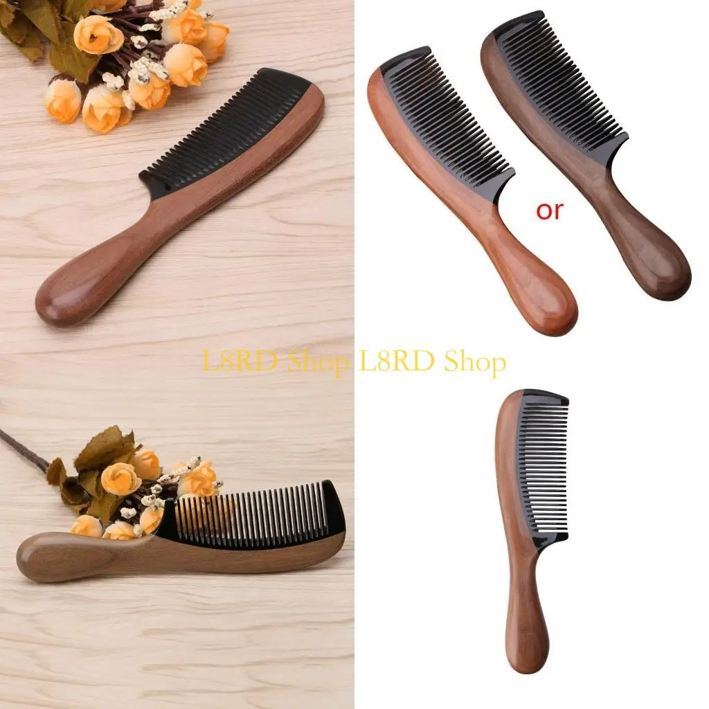 

L8RD Натуральный бычий рог Зеленый сандаловый ароматный гребень Расческа с деревянной ручкой Уход за волосами