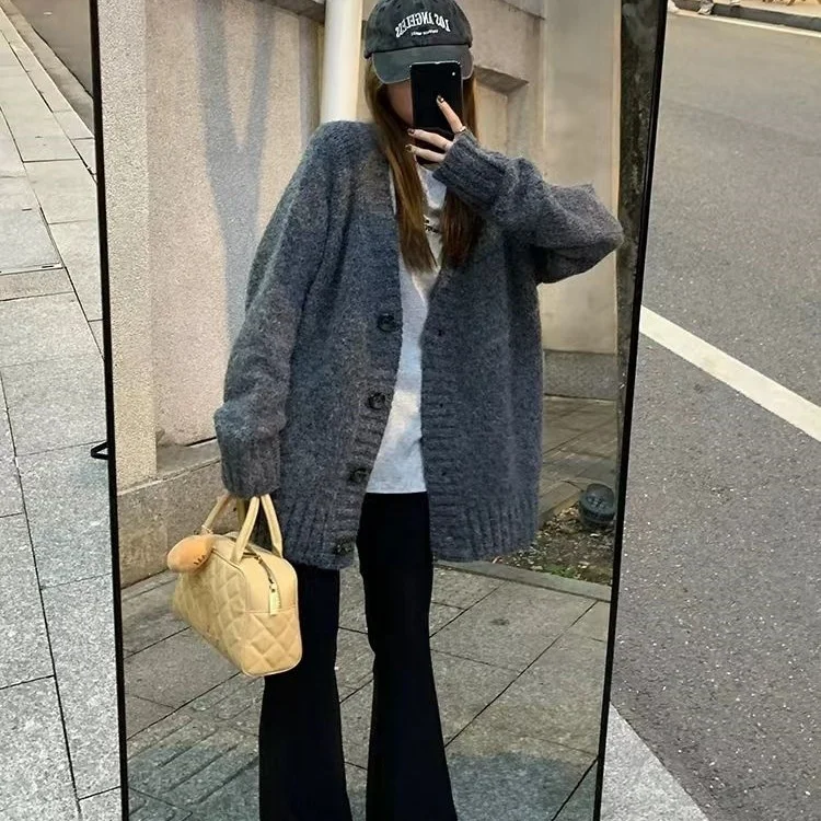 

Mid-Long Cardigans Black Womens Fall Pleated Hooded Spliced Knitted Bowknot Thick Patch Pocket-Flaps Loose-Thickened Patchworked