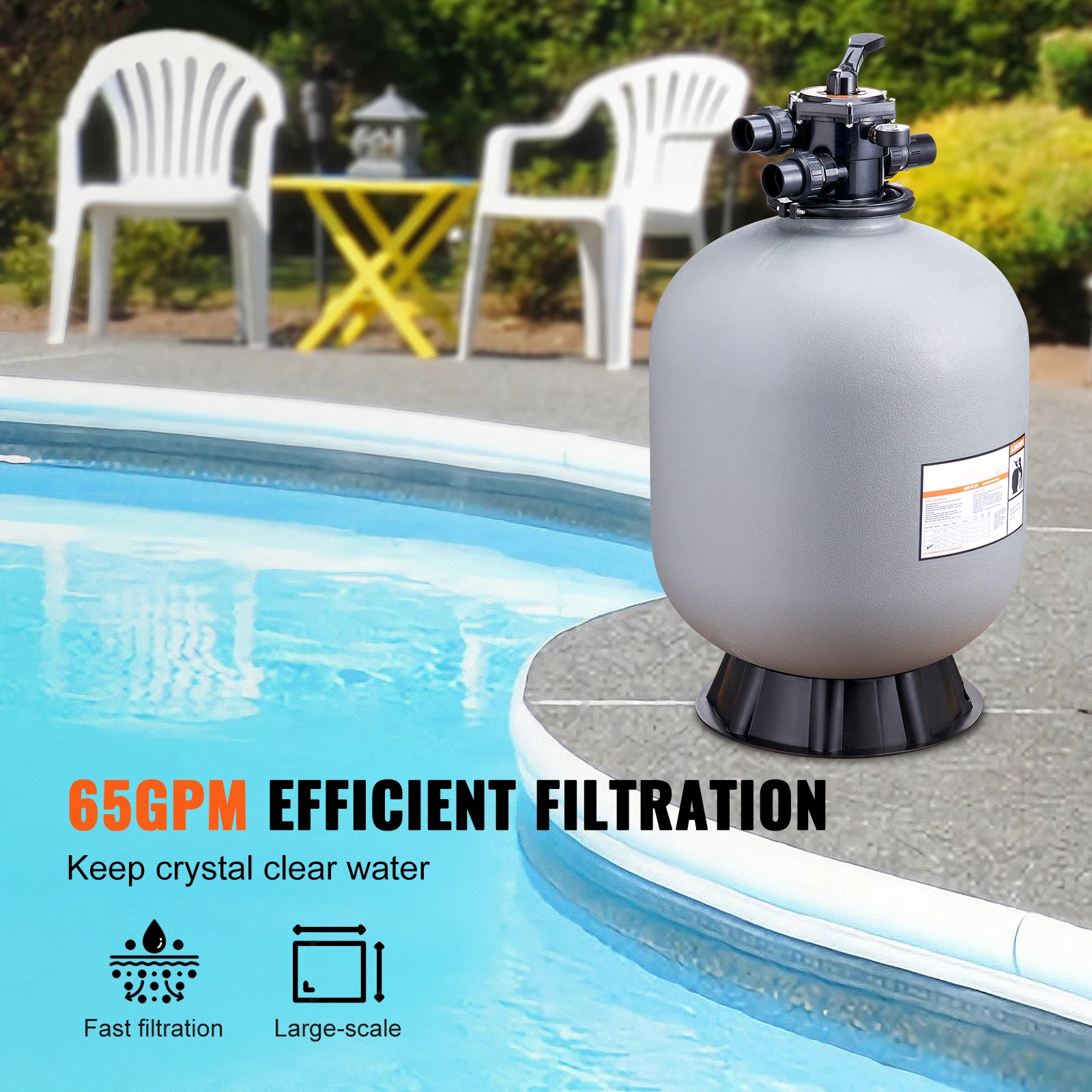 Sand Filter, 24-inch, Up to 65 GPM Flow Rate, Above Inground Swimming Pool Sand Filter System with 7-Way Multi-Port Valve, Filter, Backwash, Rinse, Recirculate, Waste, Winter, Closed Functions