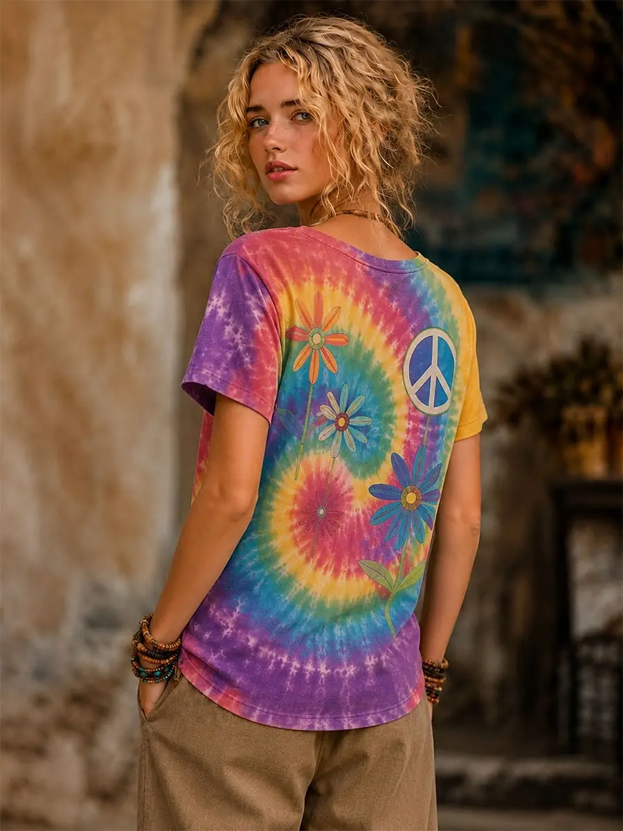 Women V Neck Short Sleeve T-shirt Tie Dye Hippie Peace Sign Daisy Floral Print Bohemian Vintage Casual Summer Graphic Top