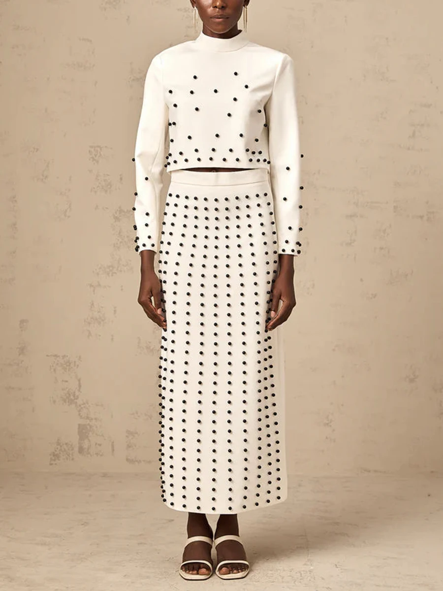TWOTWINSTYLE Slimming Two Piece Set For Women Round Neck Long Sleeve Top High Waist Skirt Spliced Pearls Elegant Sets Female New