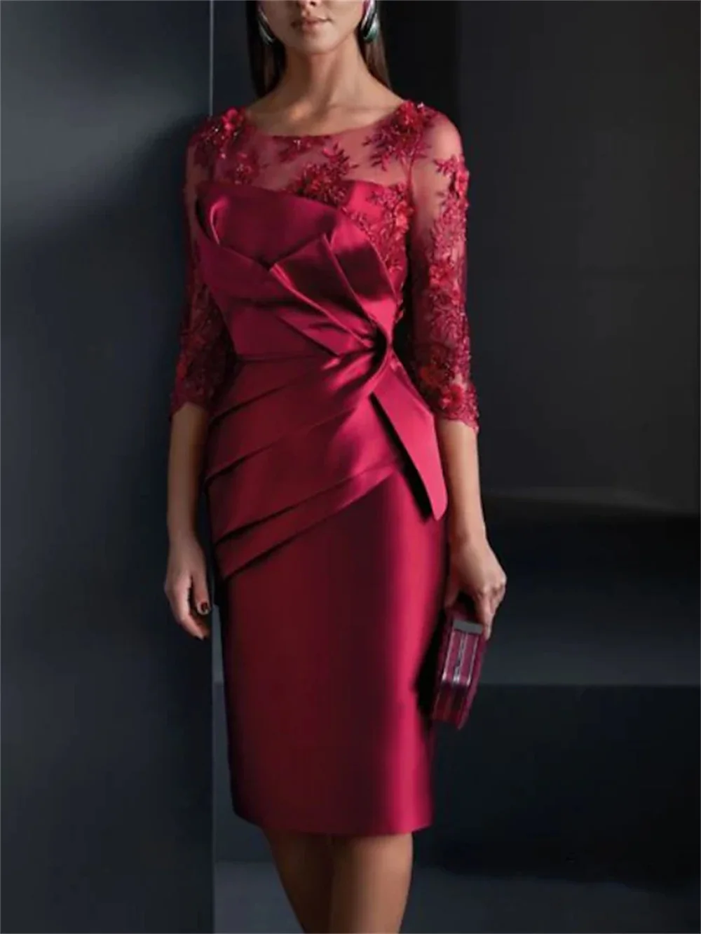 

2024 Party Dress Elegant Burgundy Homecoming Shealth Scoop Satin Flowers 3/4 Sleeve With Appliques فساتين السهرة