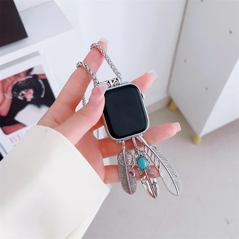 Necklace Metal Chain Strap Strap For Apple Watch 44mm 40mm 45mm 49mm 41mm Replacement Band For iwatch 9 7 SE 6 8 5 4 3 2 1 Ultra