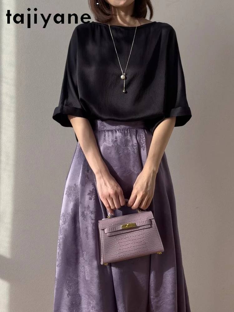 

TAJIYANE 100% Mulberry Silk Pearl Satin T Shirts for Woman Elegant Batwing Sleeves T Shirt Summer Tops 2025 Women Clothing 티셔츠