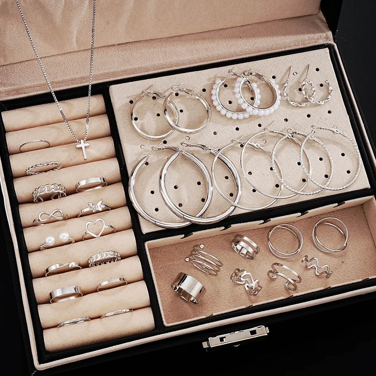 35 Pcs/Set Elegant Personality Imitation Pearl Earrings Rings Cross Necklace Jewelry Set For Women Daily Wear Vintage Jewelry - view 2