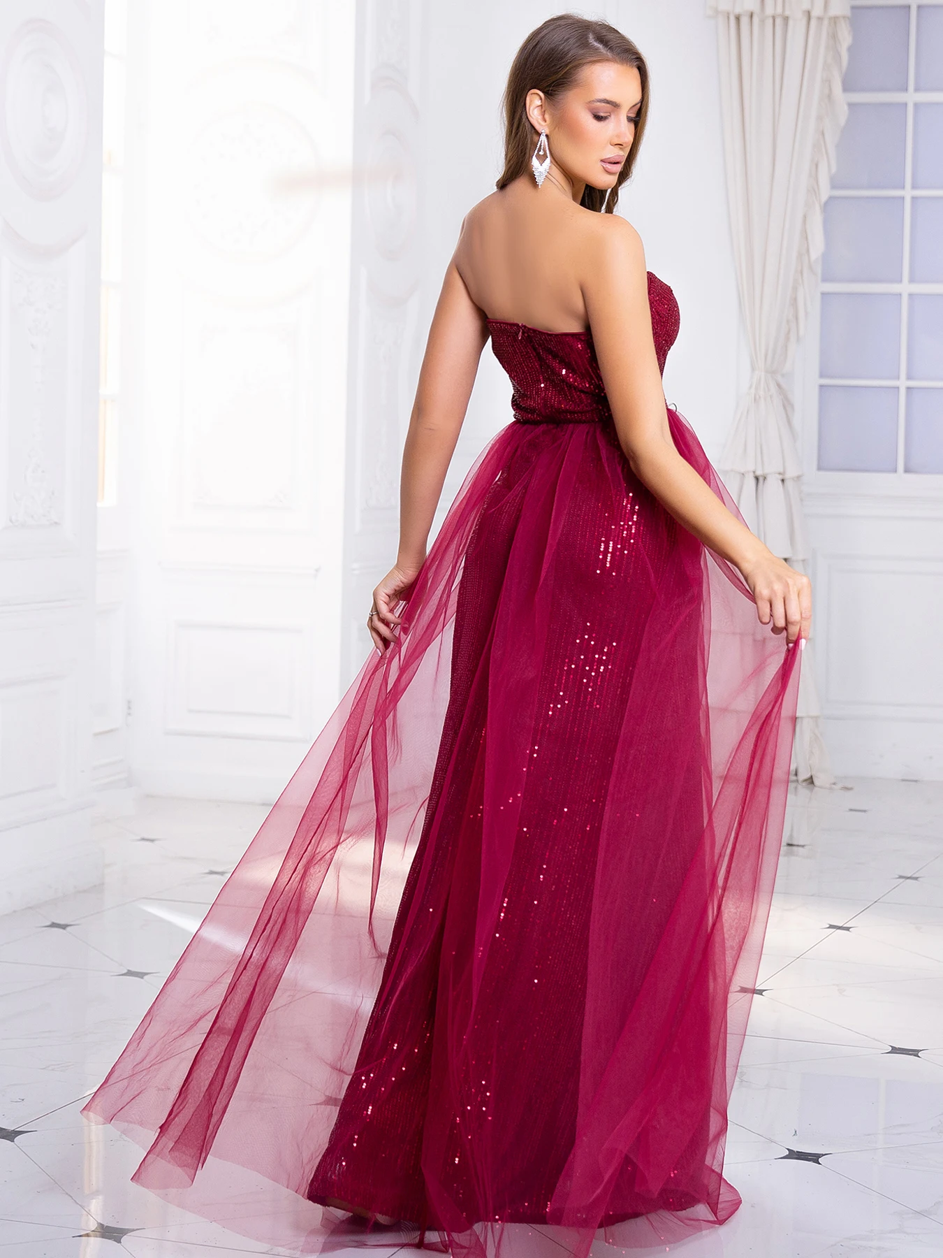 Sexy Backless Cocktail Party Gown Corset Padded Strapless Split Maxi Skirt Mesh Stretch Sequin Wedding Prom Evening Dress Summer