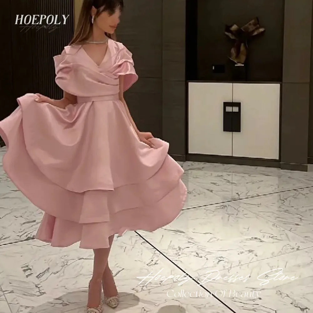 Hoepoly Pink A-Line Prom Dress Elegant Ruffles Tiered Pleated Tea Length Evening Dresses Formal Occasion Gown Vestidos De Noche