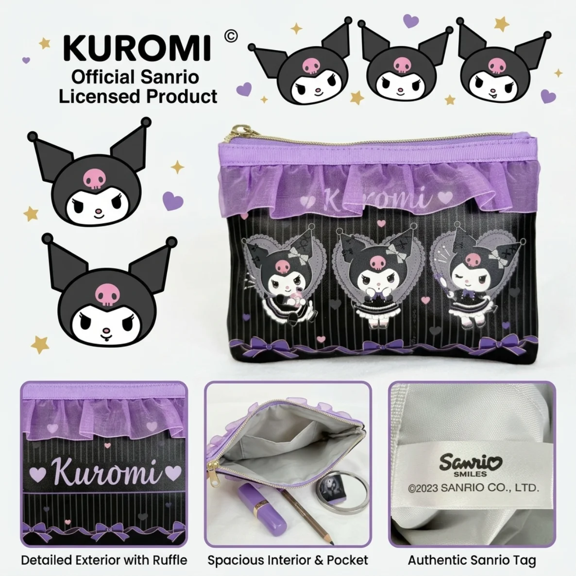 

Kuromi makeup bag, purple lace ruffled PU makeup bag, cute Lolita cartoon print, portable travel bathroom toiletry storage bag