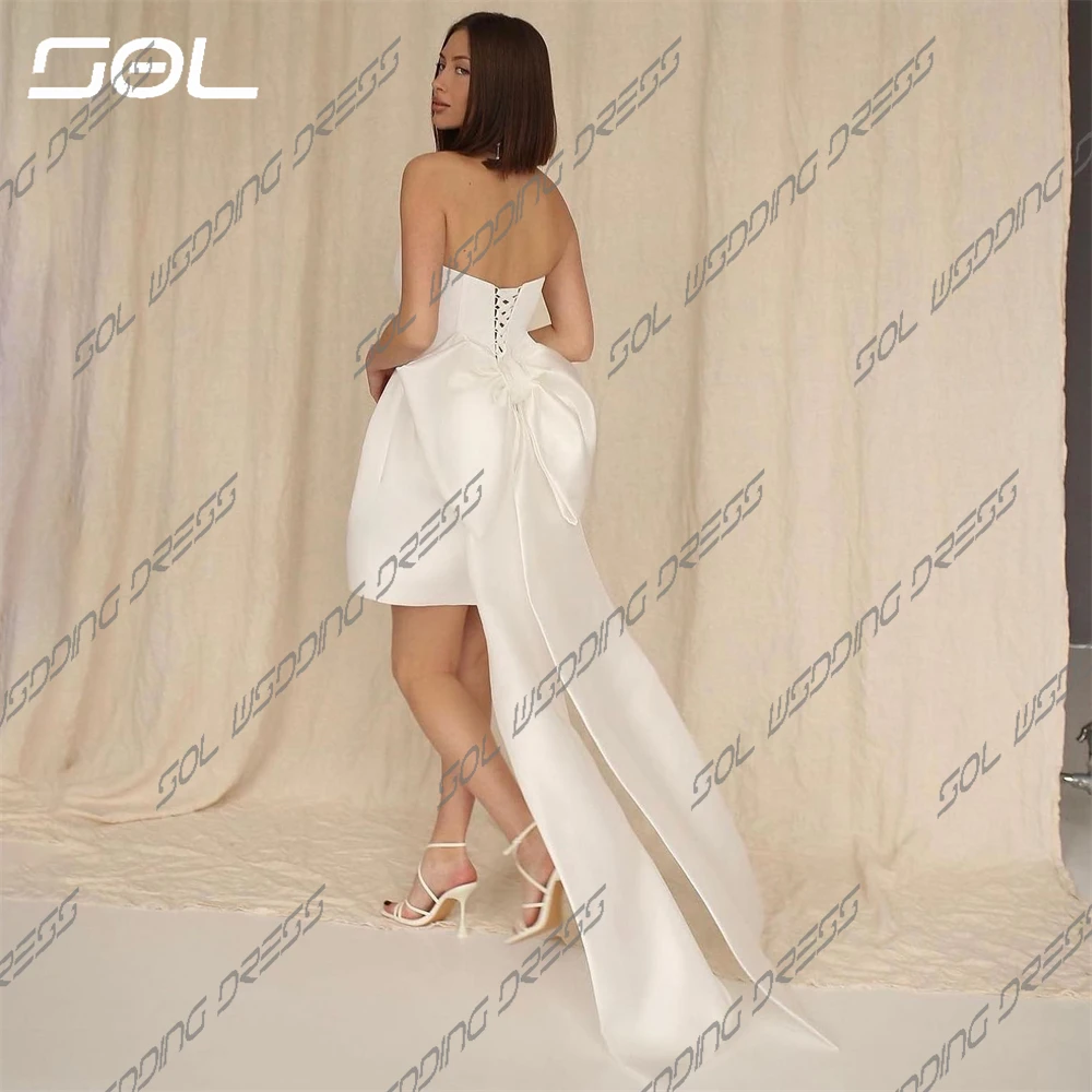 Vestido De novia corto por encima De la rodilla, minivestido sencillo sin tirantes con lazo grande desmontable, elegante, espalda descubierta