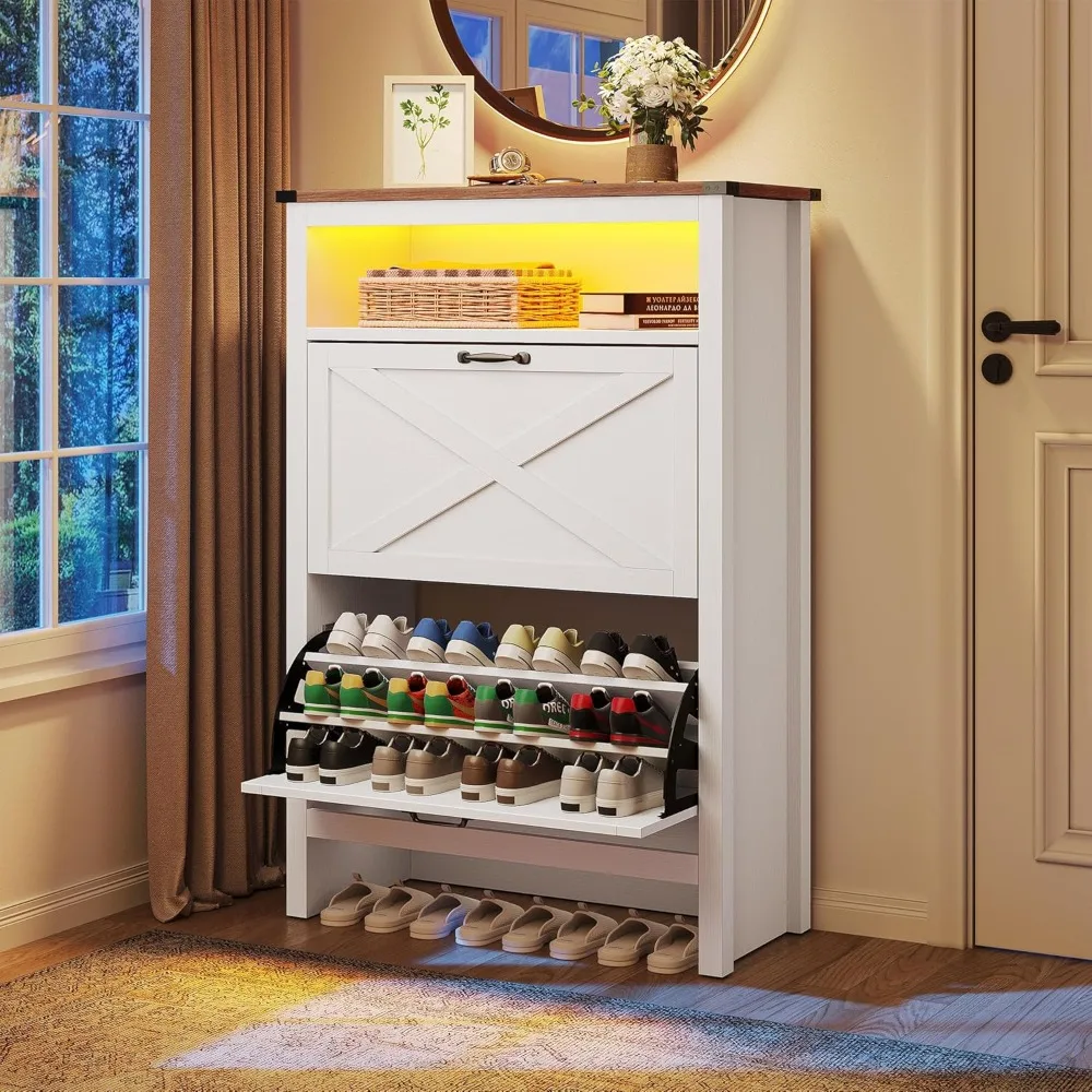 

Entryway Shoe Storage Cabinet w/Open Shelves and Led Light,Free Standing Hidden Shoe Rack Storage Organizer for Entryway/Hallway