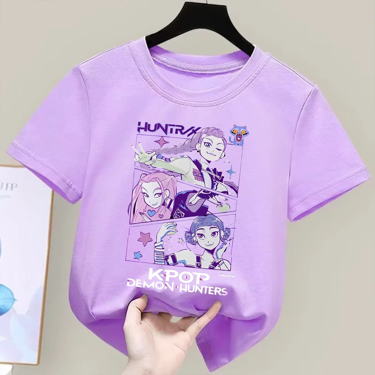 

KPop Demon Hunters T-shirt for Children Cartoon Purple Tee Top Girls Round Collar Short Sleeve Clothes Kids Summer Clothing Gift