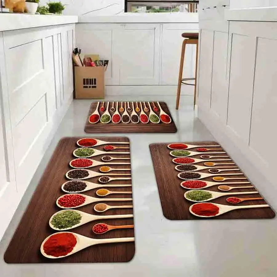 

1pc flannel floor matSpice Spoons Print Anti-Slip Floor Mat Kitchen Decor Rectangular Area RugNon-slip, machine washable, soft area rug for home living room bedroom kitchen decor