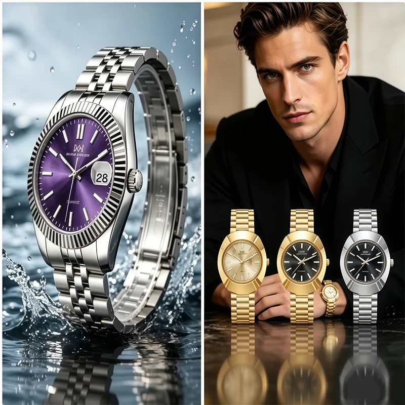 2Pcs 2 Styles Men's Luxury Quartz Watch Set Purple Dial Fluted Bezel Waterproof Vintage Oval Tonneau Gold Silver Stainless Steel