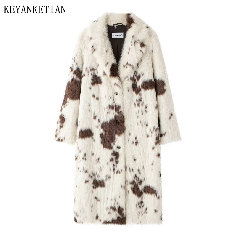 KEYANKETIAN Winter New Women's Animal Print Faux fur Coat Retro style Single Breasted Thick Warm Long Outerwear Loose Greatcoat