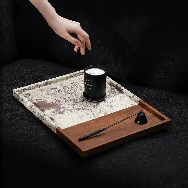 Solid Wood Leather Splicing Tray Storage Decoration Home Key Glasses Watch Items Storage Plate Bathroom Toiletries Tray Ornament