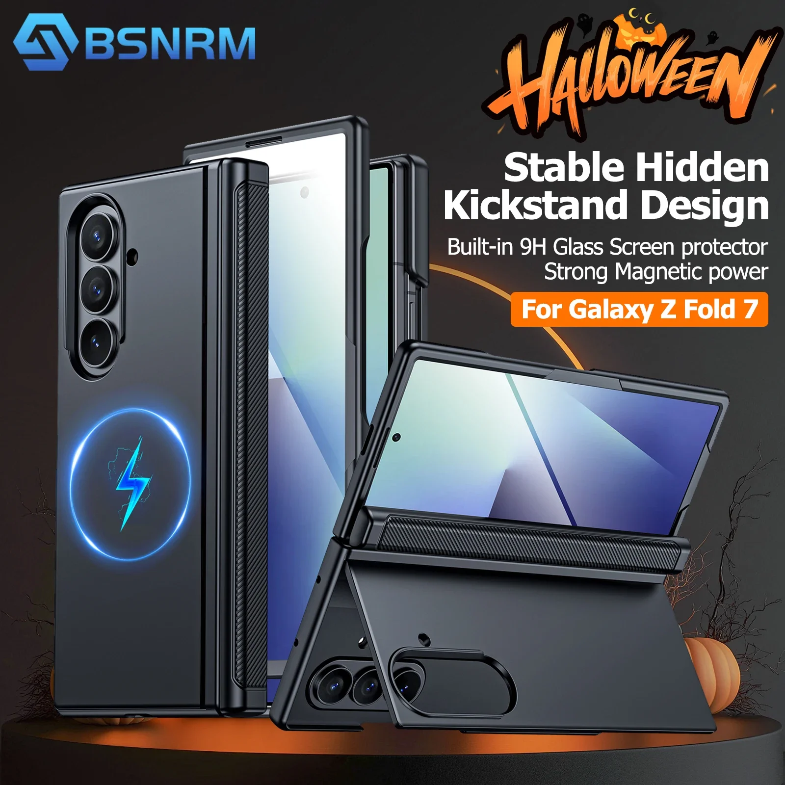 

Halloween Gifts,with Kickstand,Screen Protector Shockproof for Galaxy Fold 7 Magnetic Power Phone Case-Black