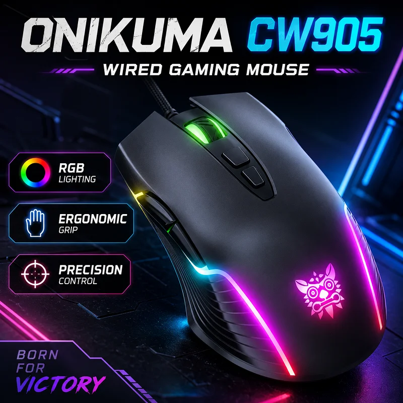 ONIKUMA CW905 Wired Gaming Mouse with 6400 DPI, Programmable Buttons, RGB Lighting Modes & Ergonomic Design for PC Gamers.